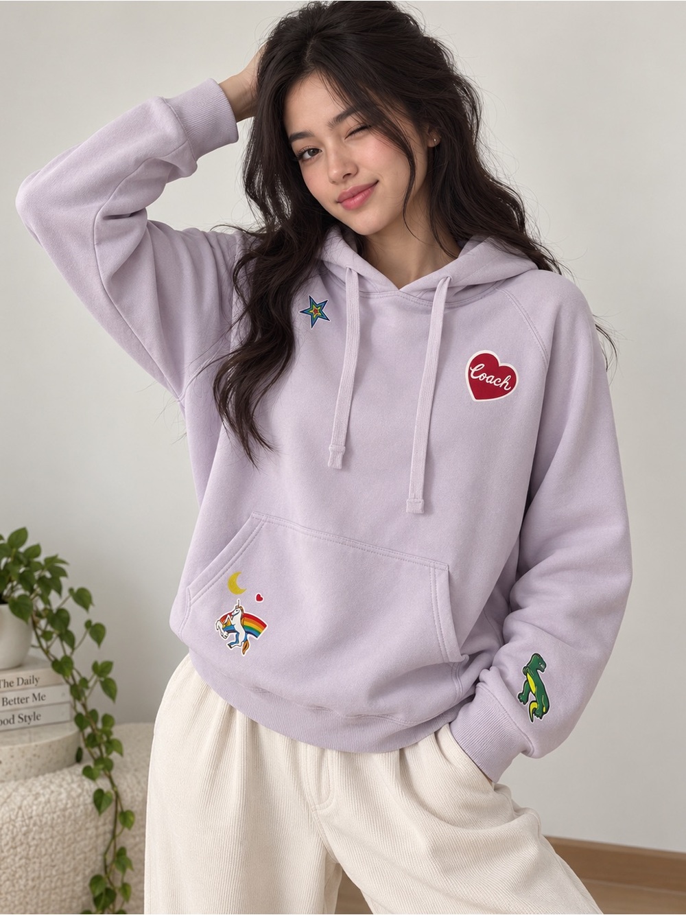 NWT Coach Shrunken Raglan Sticker Hoodie Light Purple Lavender Size Medium